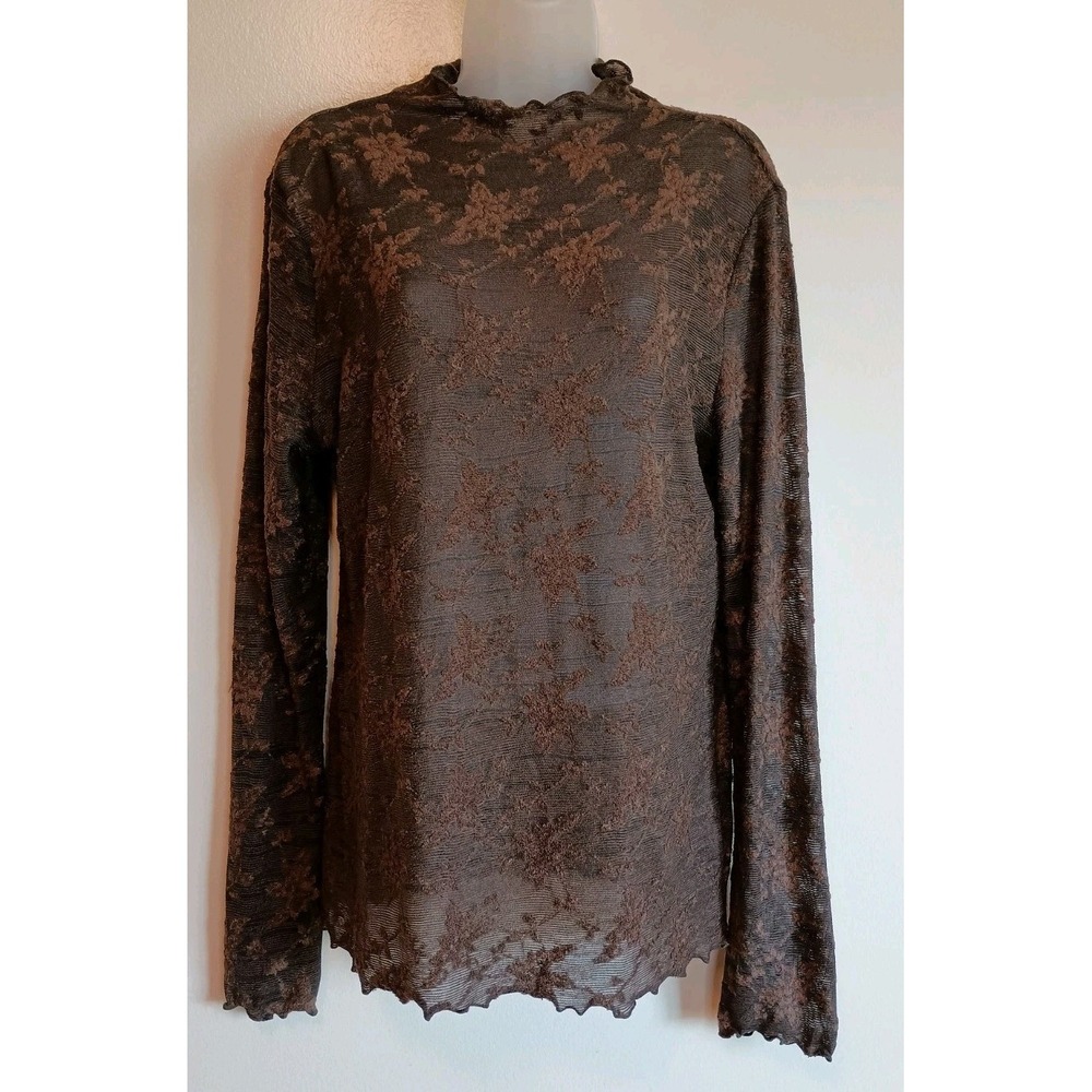 Umgee NWT Brown Floral Burnout Sheer Mesh Mock Neck Top L Textured Layering